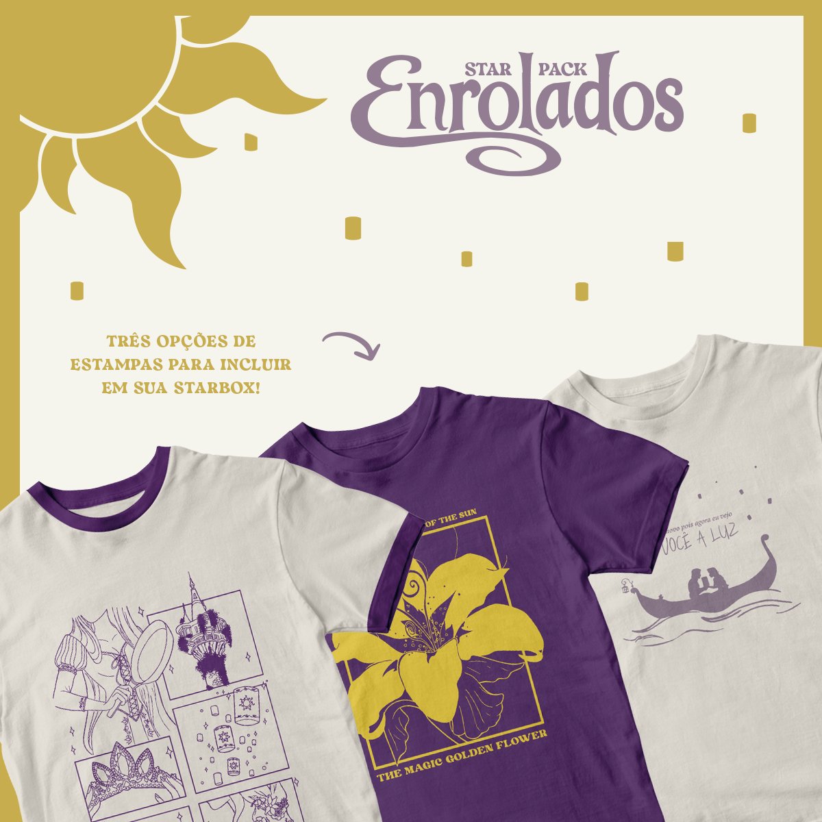 starlightmontra's tweet photo. Quem comprar a starpack de Enrolados poderá escolher entre essas 3 opções de camisetas: a Enrolados Aesthetic, a da Flor Dourada Mágica e a É você a luz. 🥰

Uma camiseta você escolhe para ir no kit, mas você pode ter todas! Elas também estarão disponíveis no site! https://t.co/vqcVPck5Zd