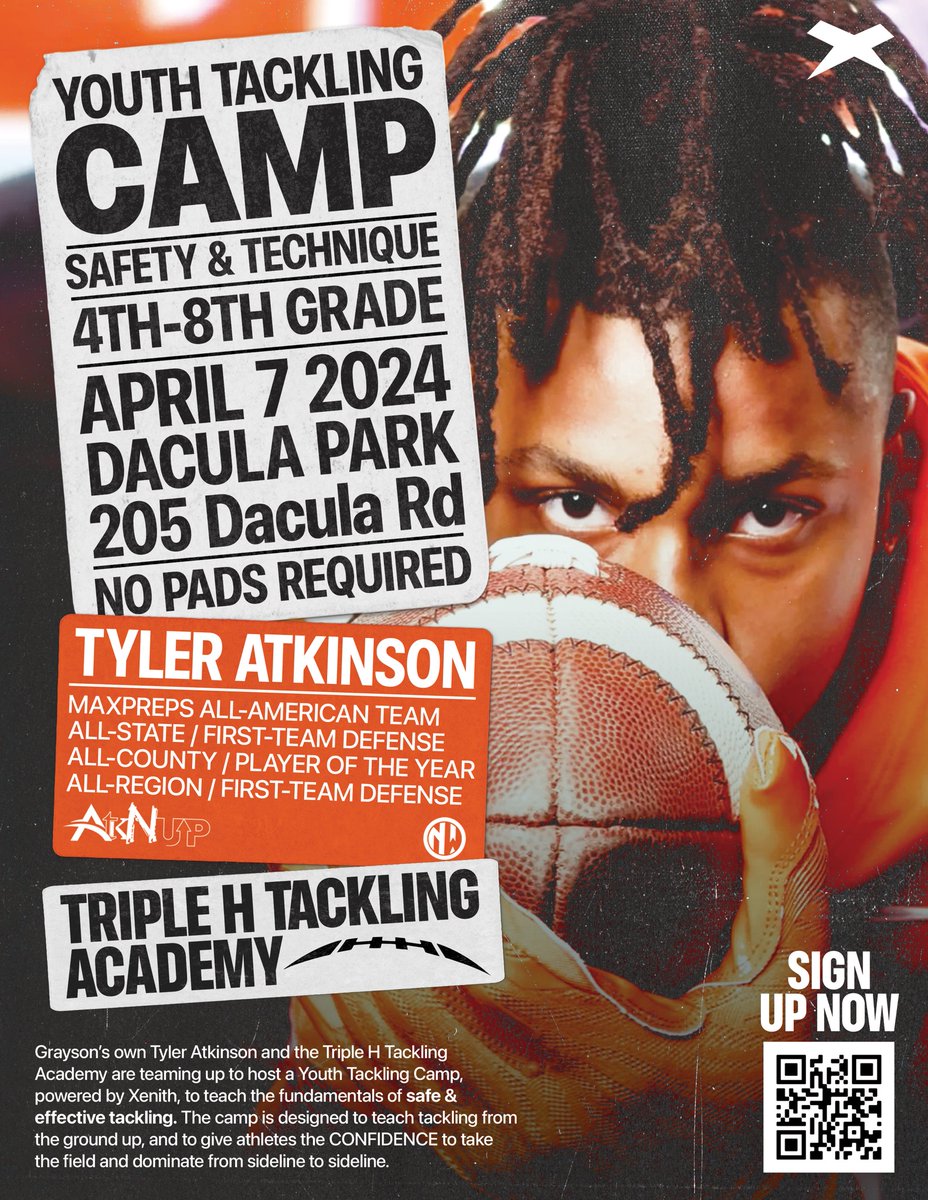 🔥AtkNup First Youth Camp🔥 I am excited to host my first tackling camp with @HHHTacklingAcad & @XenithFootball! Be ready to work!! #AtkNup @ChadSimmons_ @MattDeBary @GDPsports @adamgorney @CoachSB_4theG @grayson_fb @RustyMansell_ @deucerecruiting @ajc @RecruitGeorgia @Mhoward38