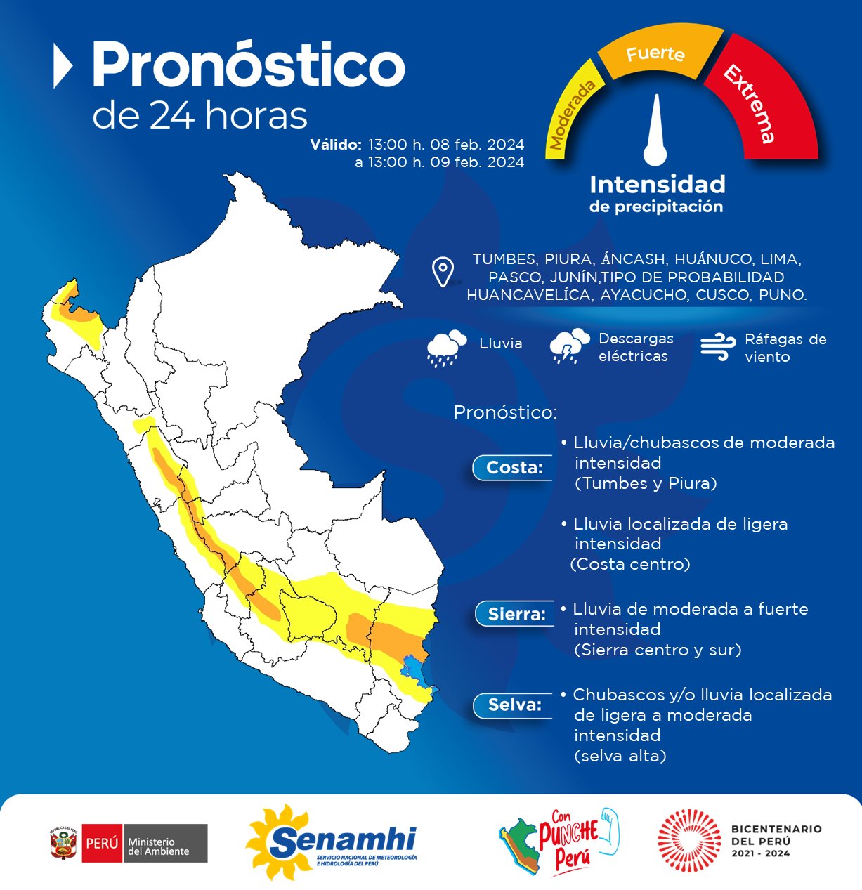 Costa norte y sierra sur espera lluvia de moderada a fuerte intensidad, según el aviso de corto plazo ante lluvias intensas de 24 horas