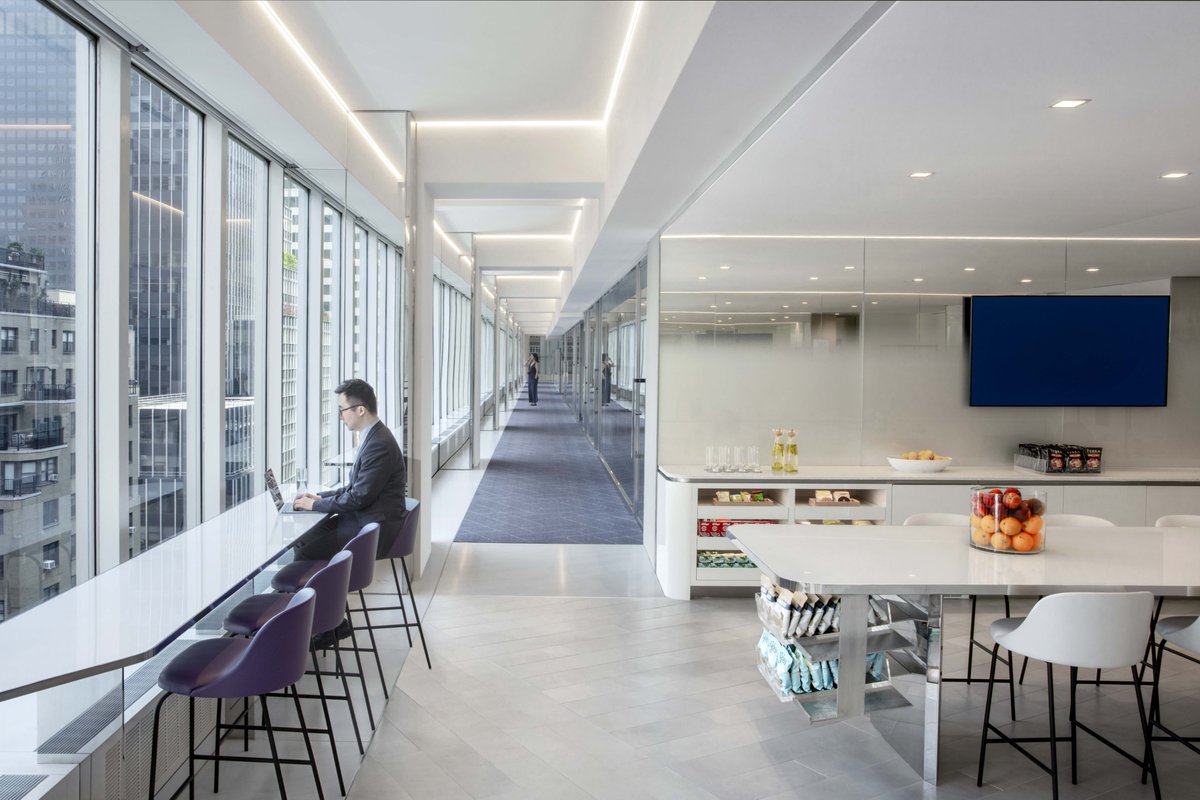 This award-winning corporate office fit-out, designed in collaboration with <a href="/lsm_studio/">LSM</a>, utilizes indirect and diffused light sources to address the perception of compressed floor height, ensuring a well-lit and inviting environment.

📌 New York, New York
📸 © Eric Laignel