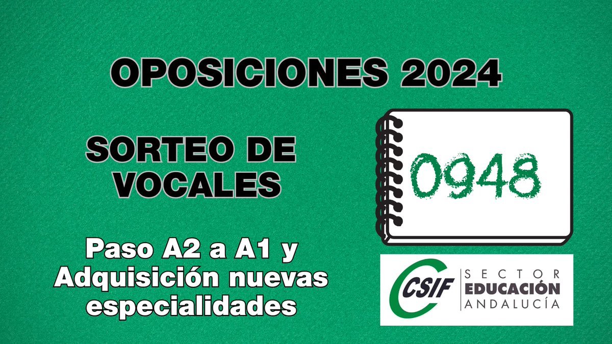 🧮 #Oposiciones 2024 - Paso del A2 al A1 y adquisición de nuevas especialidades - Sorteo de vocales

0️⃣9️⃣4️⃣8️⃣ Una vez celebrado el sorteo con el número que determinará la composición de los vocales de los tribunales de  los procedimientos selectivos para el paso del A2 al A1 y  e