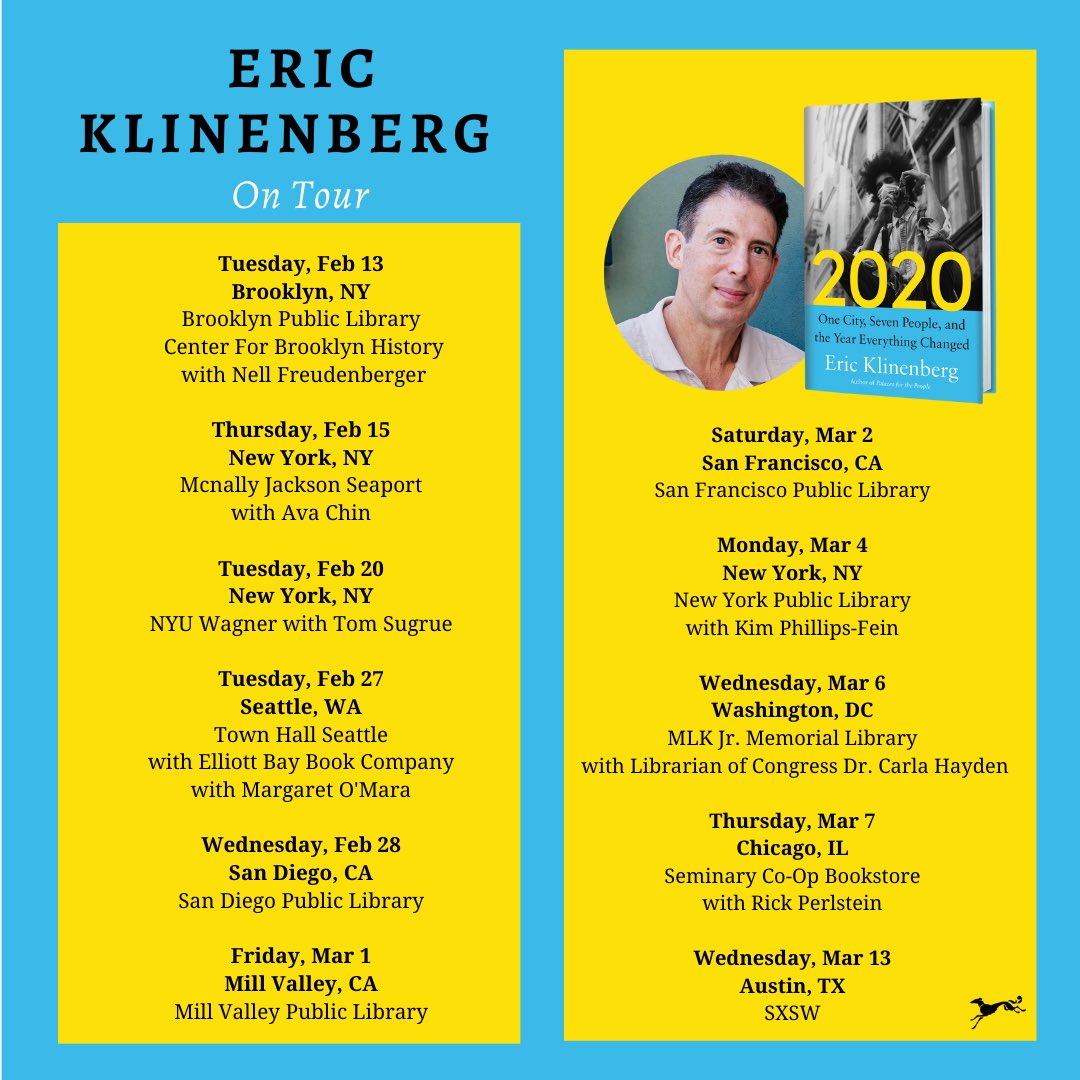 Book tour dates for *2020: One City, Seven People, and the Year Everything Changed.* So many great places. Hope to see you there! @AAKnopf @BKLYNlibrary @THSEA @SDPublicLibrary @nypl @57thstreetbooks @nyuniversity @SFPublicLibrary @millvalleylib @Penn @mcnallyjackson @sxsw @dcpl