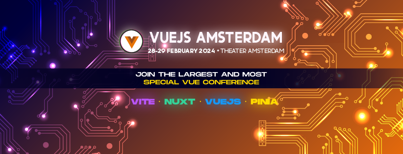 🔥 HEY HEY!
@vuejsamsterdam
is around the corner! The Largest in-person
@vuejs
conference in the world. 📷 2 days & 1000+ attendees 📷 Use VUEJOBS code to get 15% off!  Let's meet and learn
together!  vuejs.amsterdam/?utm_source=vu…