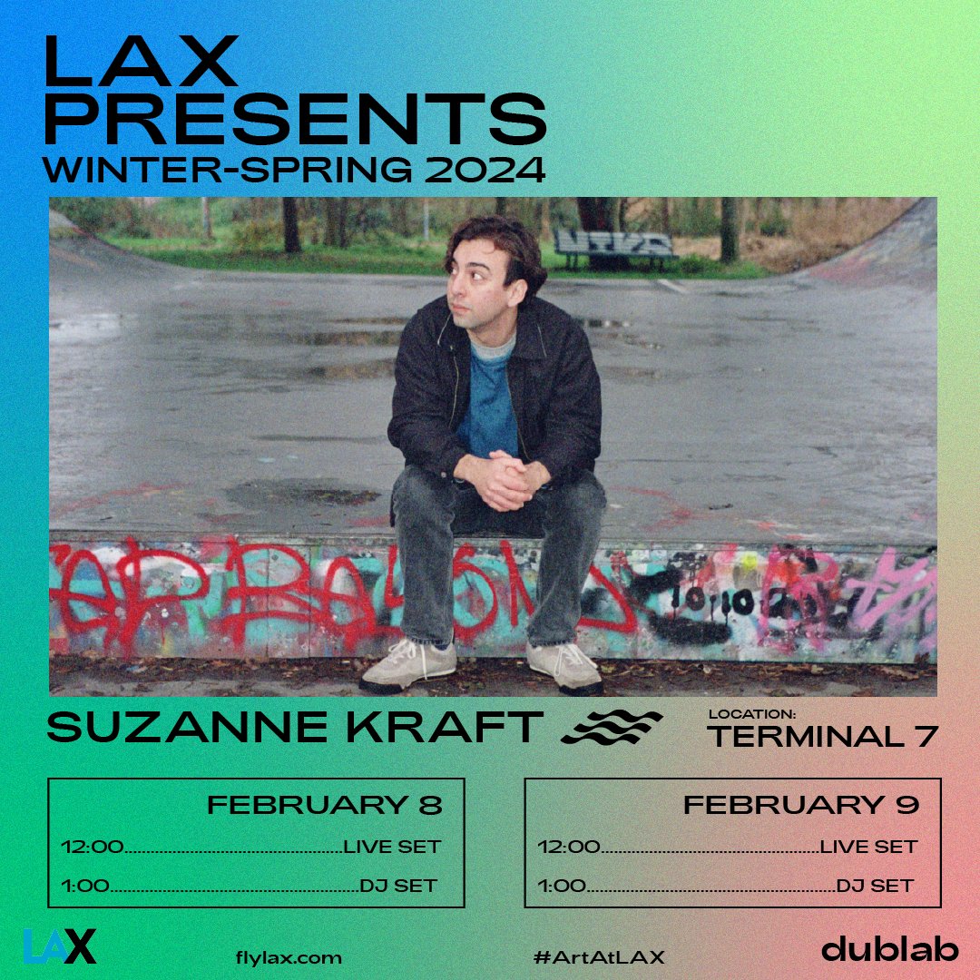 flyLAXairport's tweet photo. LAX presents @suzannekraft, in association with @dublab. Suzanne Kraft will perform original ambient guitar-based music followed by DJ sets for ticketed passengers in Terminal 7 on February 8 and 9 at 12PM. #LAXPresents https://t.co/Tl0CEuVawp