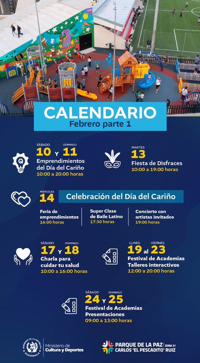 ¡Toma nota¡ 📷📷 Conoce las próximas actividades a realizarse en el Parque de la Paz "Carlos 'El Pescadito' Ruiz". ¡Para disfrutar con la familia y amigos!
#GuatemalaAvanza #CulturaMotorDesarrolloGT #3milAñosRiquezaCulturalGT