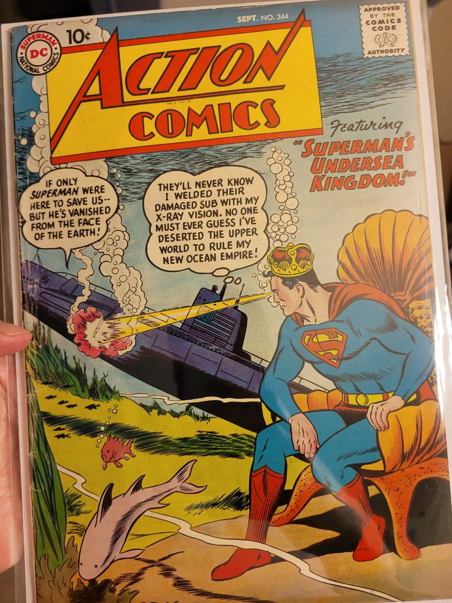 Love the colors on this cover. And look! #Superman is colored darker and bluish to account for being underwater! Action Comics #244, September, 1958. #backissues #dccomics #silveragecomics #comics