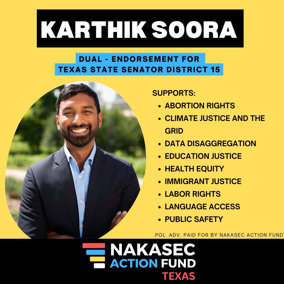 KarthikForTexas's tweet photo. Excited to share that NAKASEC Action Fund has endorsed our campaign! Their advocacy for immigrants, low-income families, and working Texans is inspiring. Their support boosts our efforts to keep pushing for a Texas that welcomes and uplifts everyone!
#texasleg #texaslege https://t.co/4G4KtzfWK7