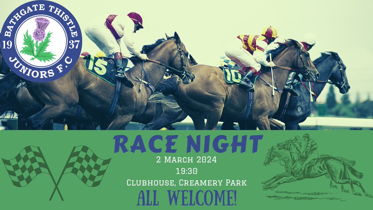 bathgatethistle's tweet photo. 📣 Announcement 📣 

Bathgate are hosting a race night! 

If you cant make it along on the night, reach out and w̶e̶’̶l̶l̶ ̶t̶a̶k̶e̶ ̶y̶o̶u̶r̶ ̶m̶o̶n̶e̶y̶ ̶a̶n̶y̶w̶a̶y̶ … you can buy a horse anyway! 

#SupportLocal #MonTheJags https://t.co/Lf47oYJQEk