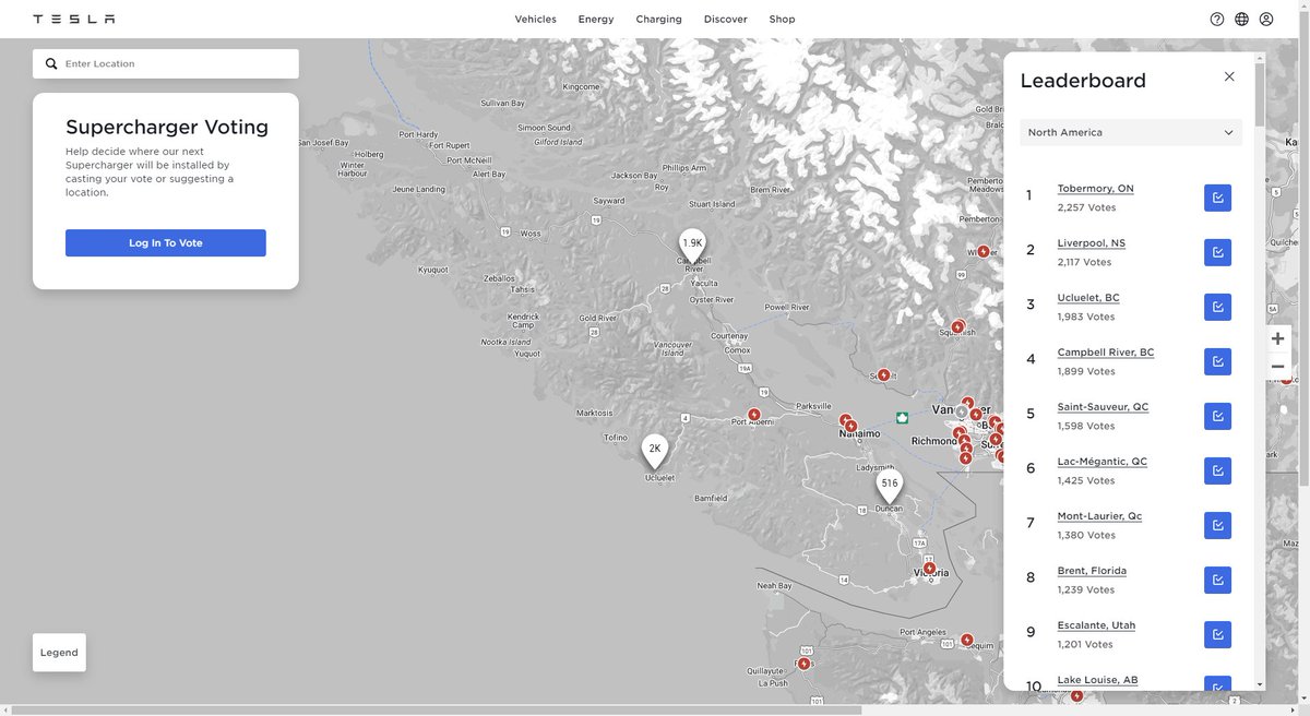 If you haven't already used up your 5 votes in this round of Supercharger Voting, please consider voting for:

· Ucluelet, BC
· Campbell River, BC
· Duncan, BC

All three locations are badly needed on Vancouver Island, and Ucluelet and Campbell River are close to the lead. Duncan