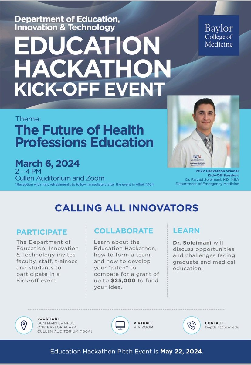 Excited for our 3rd Annual Hackathon @BCM_DEIT on the Future of Health Professions Education. Coming up very soon!