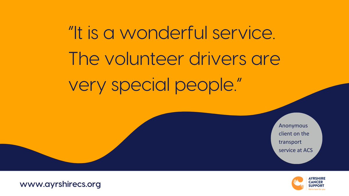 Need to get your cancer treatment at hospital, but don’t know how? One of our dedicated volunteer drivers will collect you from your home and take you on a return journey to your appointment free of charge. Call 01563 538008 or email admin@ayrshirecs.org to find out more 🧡