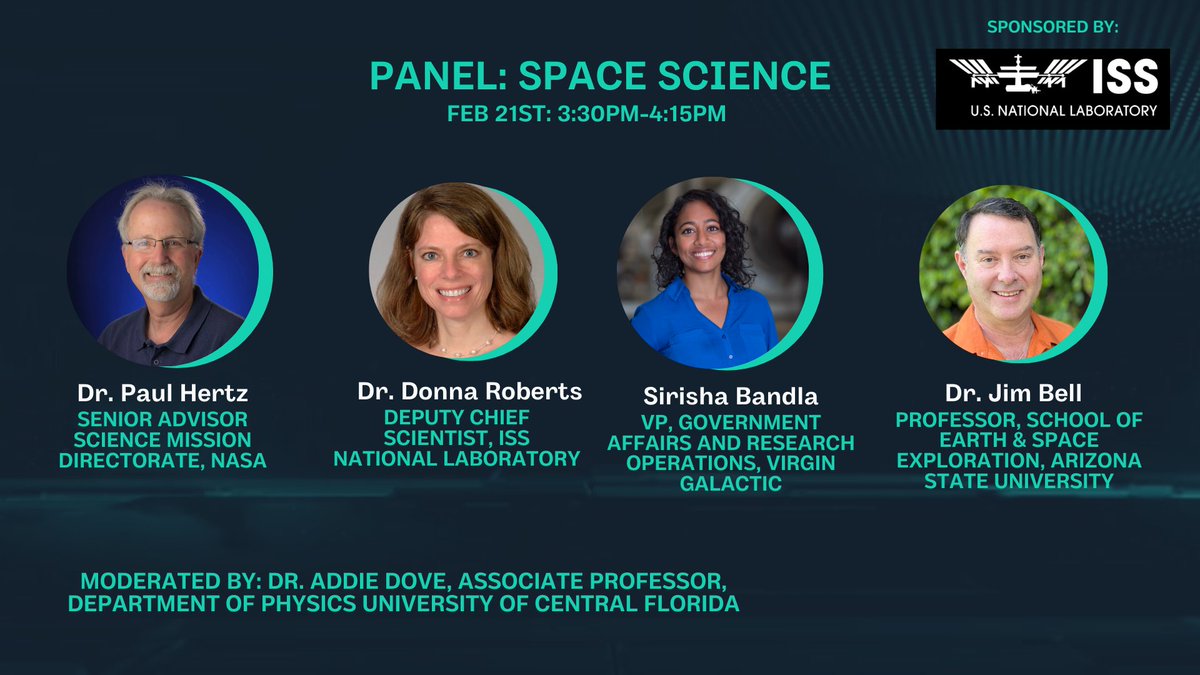 We're pleased to announce the distinguished panelists of the Space Science Panel with Dr. Paul Hertz @NASA, Dr. Donna Roberts @ISS_CASIS, Sirisha Bandla @virgingalactic, and Dr. Jim Bell @SESEASU. Register here: cstconference.space