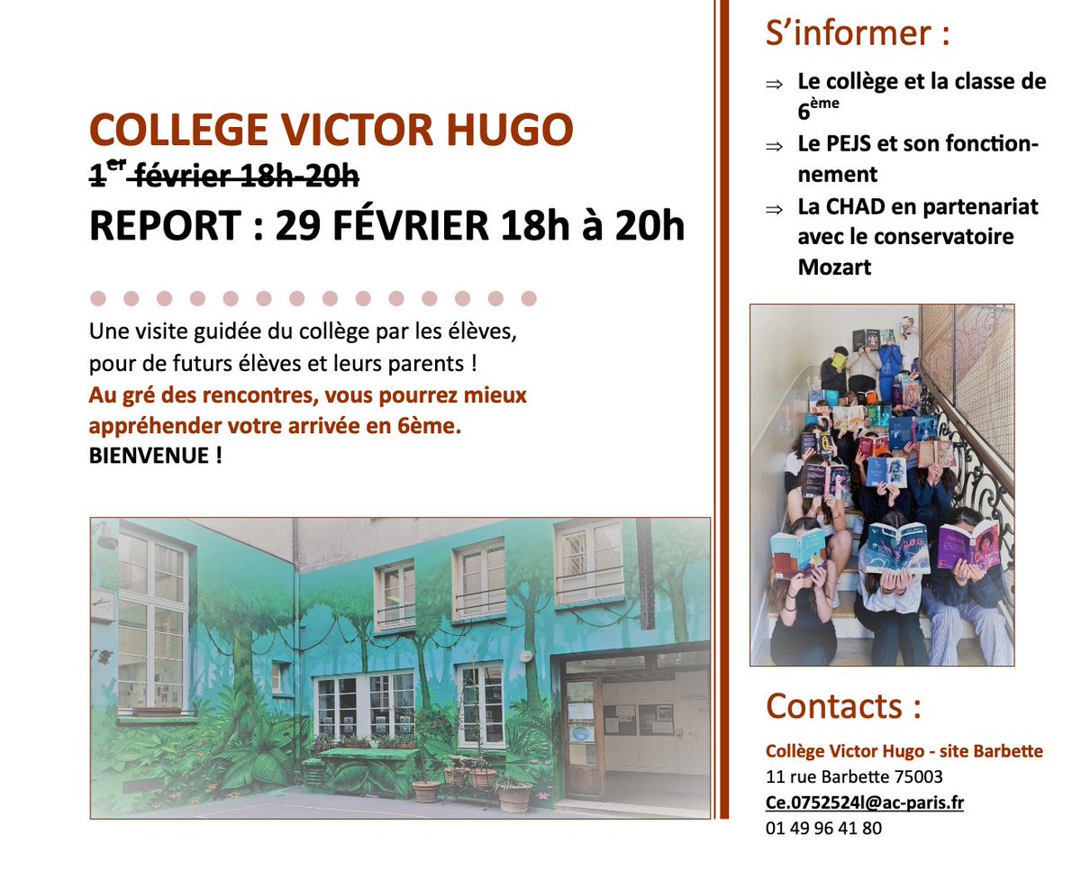 #JPO #CollègeVictorHugo #29février Futurs 6èmes, nous vous attendons nombreux !