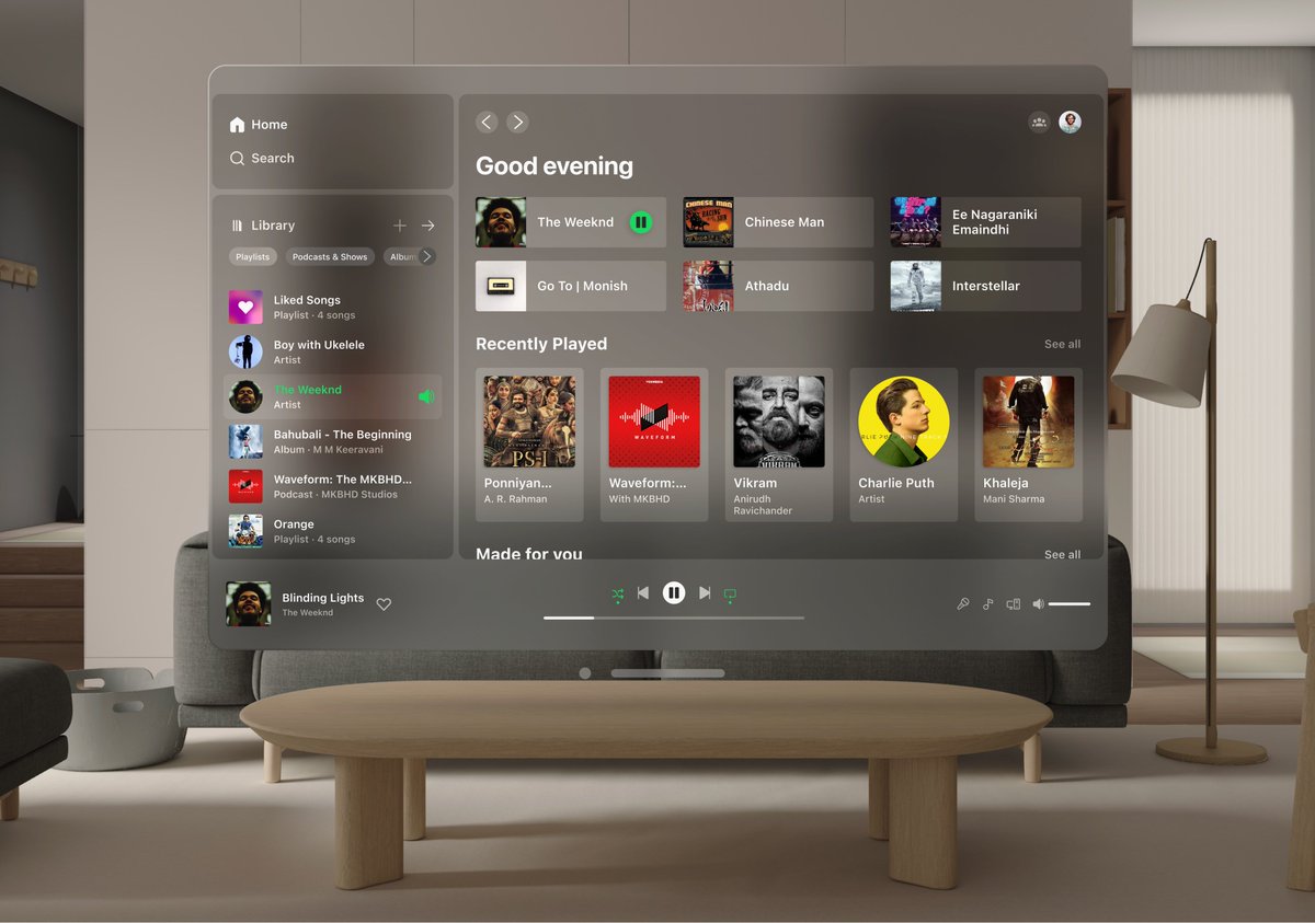 MonishReddyK2's tweet image. As people are experiencing Apple Vision Pro. Throwback to this Spotify Home Screen design I made for #build2 
P. S: Made this using Apple's official Vision OS UI Kit.