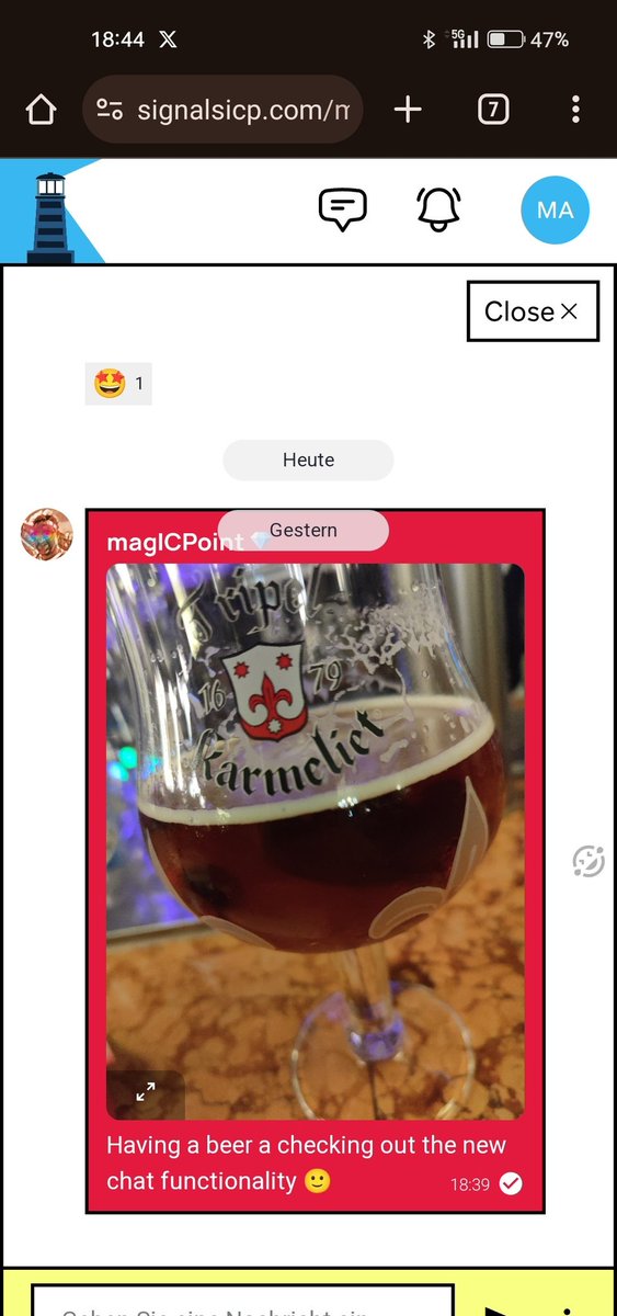 Having a beer and trying the new chat integration <a href="/signalsicp/">Signals</a> #ICP