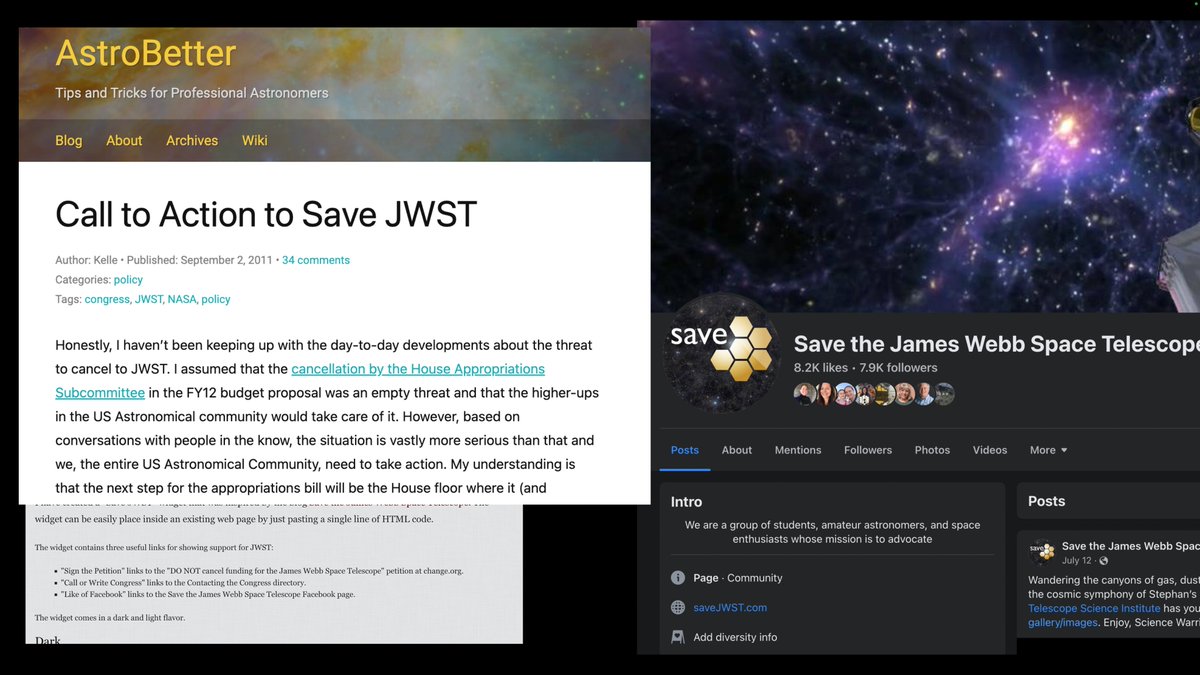 In 2011, @NASAWebb was in serious and imminent danger of cancellation after years of cost/sched growth. It didn't rescue itself. The community rallied, they called their reps, they wrote letters, they fought back. We know first-hand that this was a *major* reason it was saved