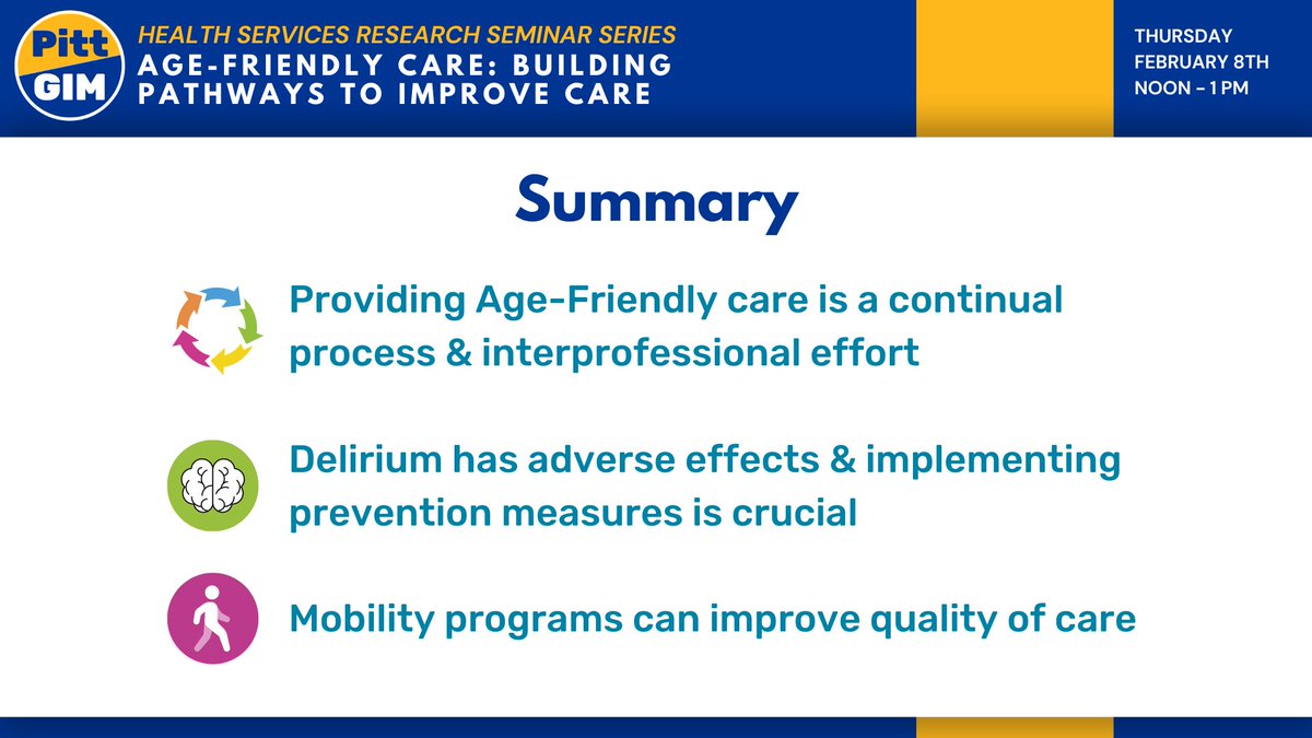 PittGIM's tweet image. In closing, @ljg_gleason shares why #AgeFriendlyCare is important 👇 #PittHSRseminar