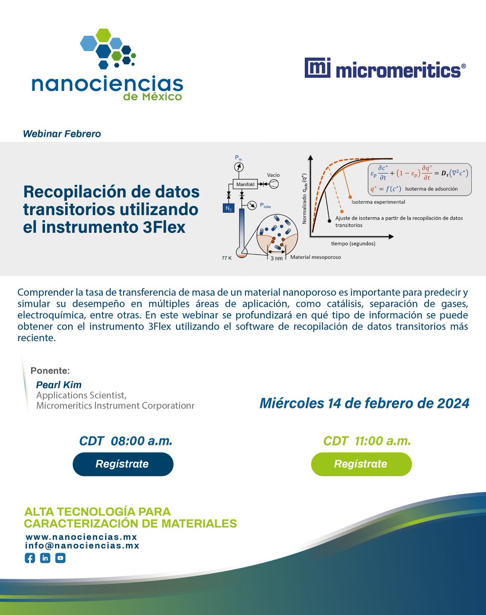 ¡#Nanociencias de México te invita al #webinar "Recopilación de datos transitorios utilizando el instrumento #3Flex" de #Micromeritics, que se llevará a cabo el miércoles 14 de febrero!

Liga para registro: micromeritics.com/support/webina…

¡Te esperamos!

#webinargratuito