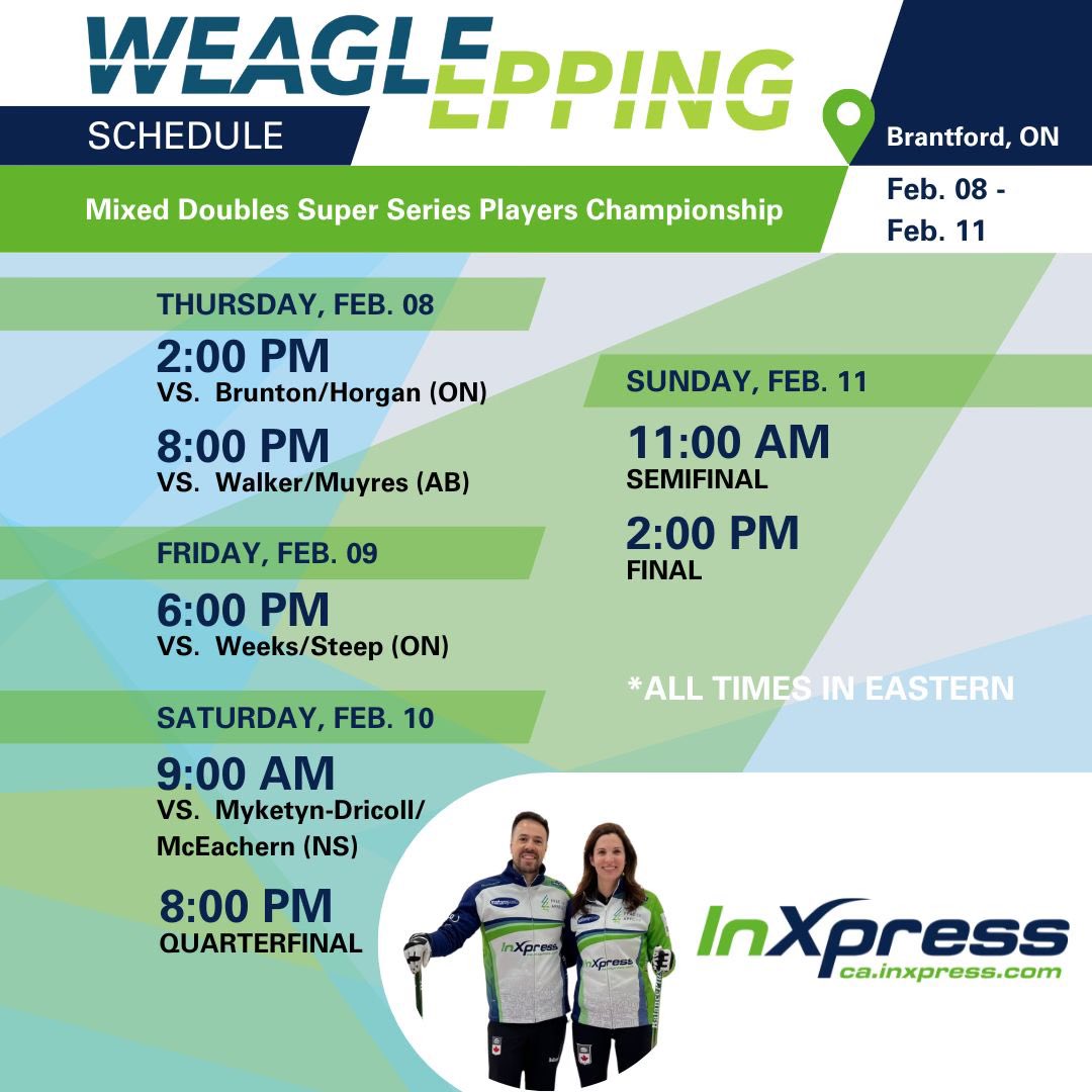 Here we go again! 🥌🥌 Here’s our schedule for the Mixed Doubles Super Series Burford Heating and Curling Players Championship at the Brant Curling Club. Live scoring is available on the CurlingZone website.
