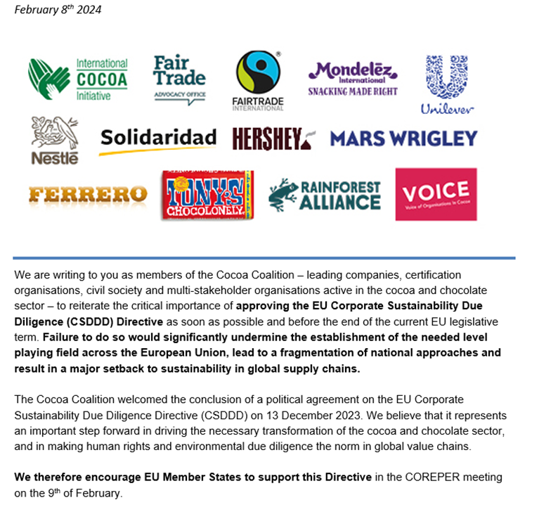 ICI joins companies, certifiers and civil society organisations active in the chocolate sector to call on Member States to support the #CSDDD in the COREPER meeting on February 9.