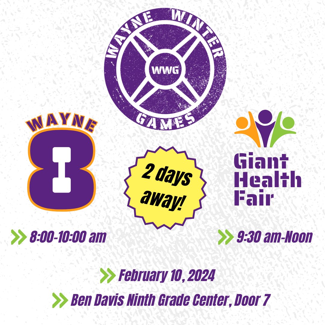 WayneWellness's tweet photo. FREE fitness classes, FREE giveaways, FREE fun- what more could you want?! Join us in 2 days for the 2024 Wayne Winter Games! #WWG2024 #GiantHealthFair #GiantMile #bewaynewell @WayneTwpSuper @WayneTwpSchools @WayneTwpEdFound https://t.co/jhf8FBmTho