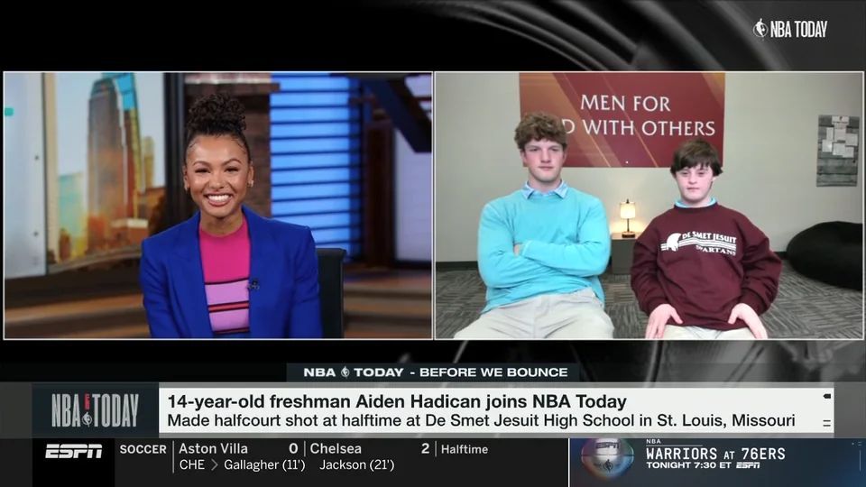 JesuitsUCS's tweet photo. De Smet Jesuit's Aiden Hadican's star continues to rise as he is interviewed on ESPN about his amazing half-court shot during #Mission Week: https://t.co/NlMWdT1Hmk . @DeSmetJesuitHS https://t.co/5tfueW2lEb