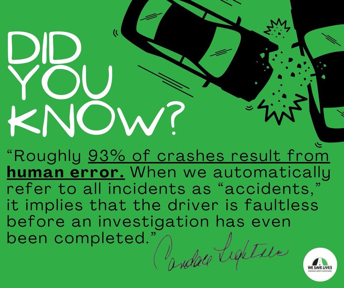 #crashnotaccident  The #media needs to stop calling every crash as an accident. It could be a crime. Most crashes are caused by driver error based on driver choices. Impaired driving is a crime so quit saying accident!

#wordsmatter

Because we care . . .