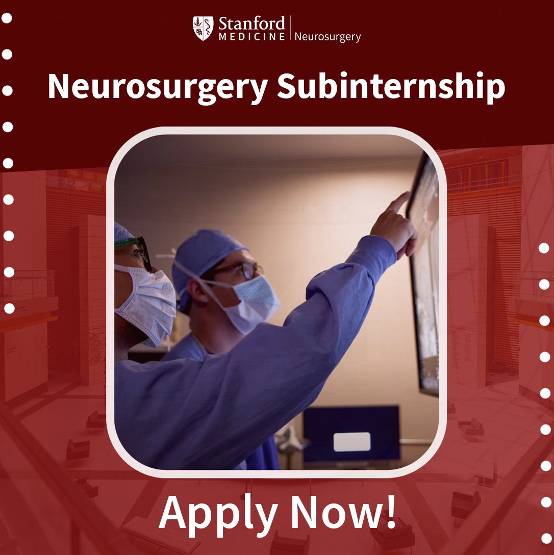 Interested in a Subinternship with Stanford Neurosurgery this coming year? Follow the link below for all the info you need. Apply soon, as spots are filling up quickly!

Use the link in our bio to apply:
med.stanford.edu/neurosurgery/e…