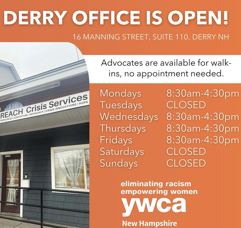 YWCANH's tweet photo. Our Derry office is open! Advocates are available 4 days a week for walk-ins, no appointment is needed. 16 Manning Street, Unit 110, Derry NH.

#ywcanh #derrynh #onamission #domesticviolence #crisissupport #domesticviolenceawareness https://t.co/yhxPxyZ7KR