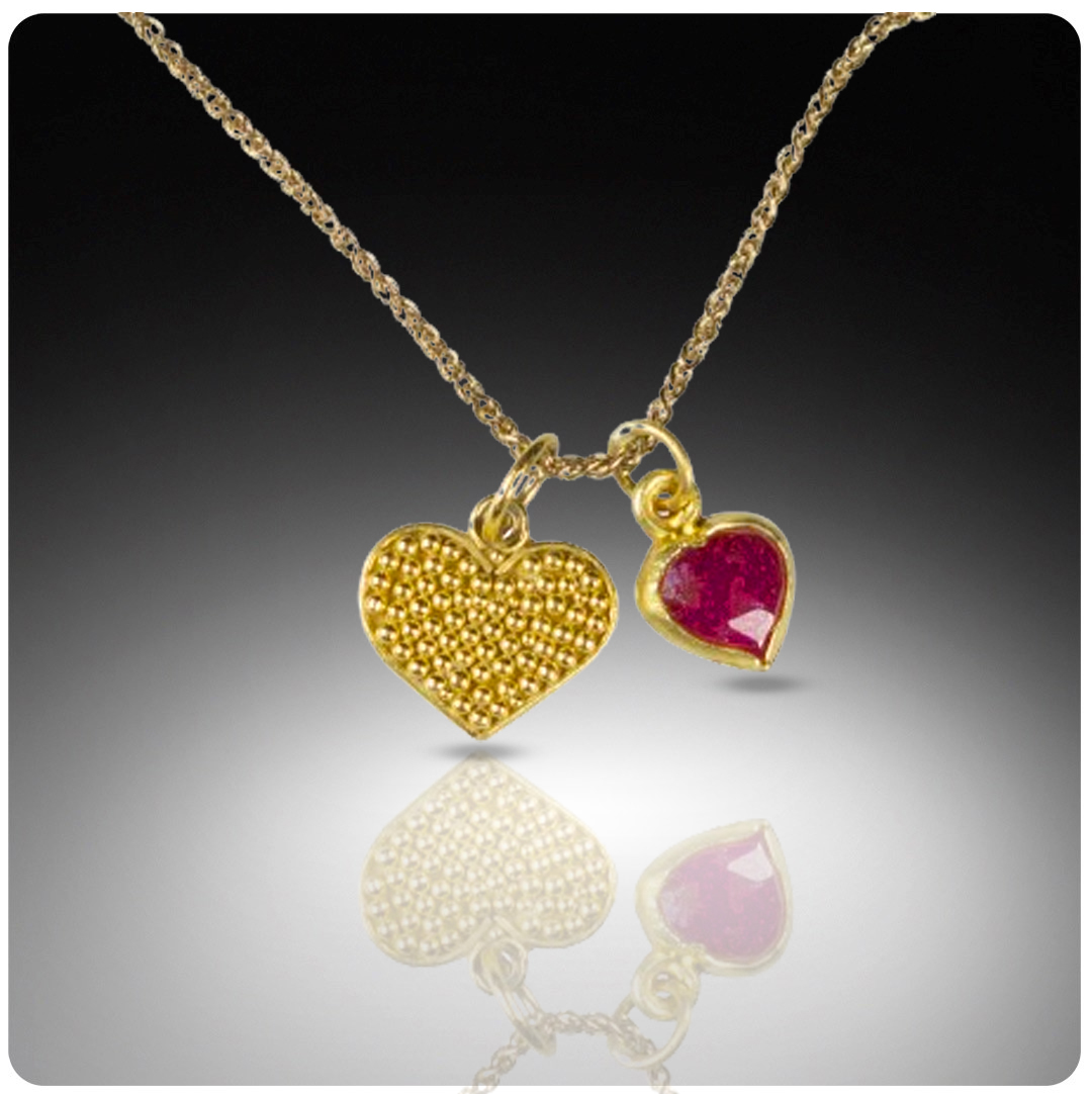 nancytroske's tweet image. Valentines Day treat!  Rose cut ruby heart and granulated heart paired in 22 karat gold.  #rosecut #rubyhearts #rubyrosecut #redgemstones #valentinesday #22karatgold #granulatedheart #granulation #artjewelry  #artisanmade #goldsmith #ancienttechniques #ancientinspiration