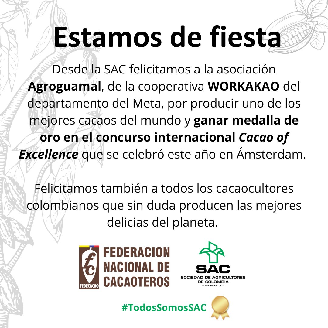 SAColombia's tweet photo. #UnaBuenaNoticia| Felicitamos a los productores de WORKAKAO y a @fedecacao por ganar medalla de oro 🥇en el #CacaoOfExcellence de Ámsterdam y demostrar nuevamente que el cacao colombiano es el mejor del mundo! Nuestro campo produce excelencia, esperanza y buenas noticias 🍫🍫 https://t.co/p2sx2M0g49