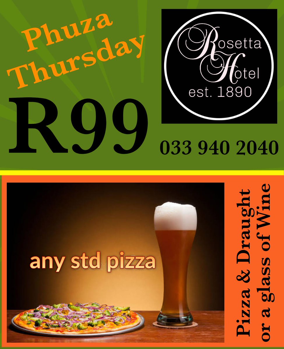 Join Rosetta Hotel for their Phuza Thursday special! 

#PhuzaThursday #PizzaandBeer #DinnerSpecial #MidlandsMeander #CreateNewMemories