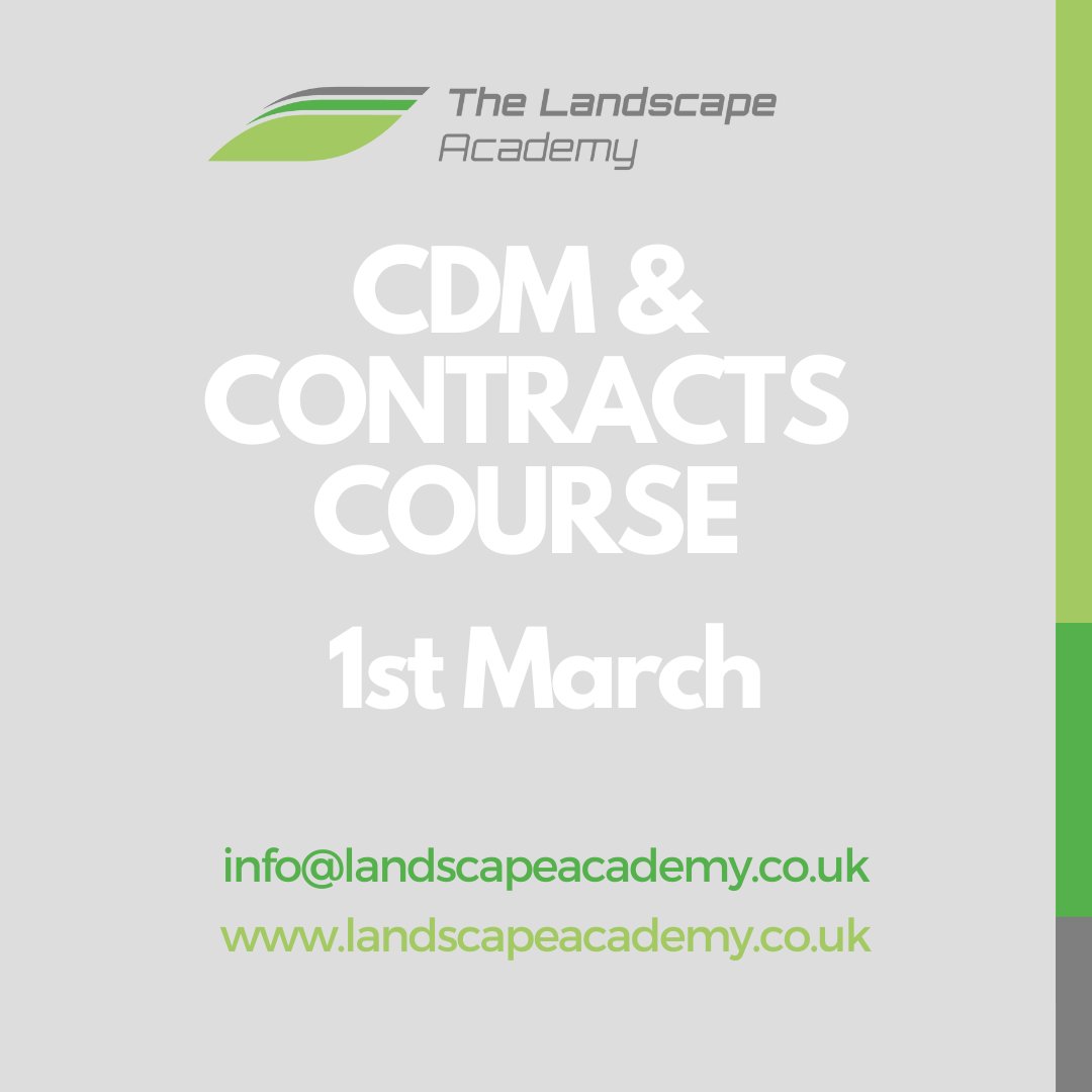 Our next CDM Course is running on Friday 1st March and is quickly filling up. 
To book, or find out more, email us at info@landscapeacademy.co.uk
#CDM #CDMregualtions #CDMCourse #ConstructionDesignManagement  #landscapingthefuture #landscapetraining