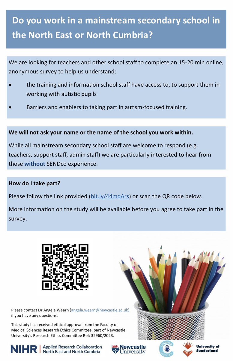 We're looking for mainstream secondary school staff in the North East/North Cumbria to complete our survey. This study explores what autism-focused training, information and support is available to staff. @NIHR_ARC_NENC @fuse_online @SCHOOLSNE ➡️ bit.ly/44mqArs