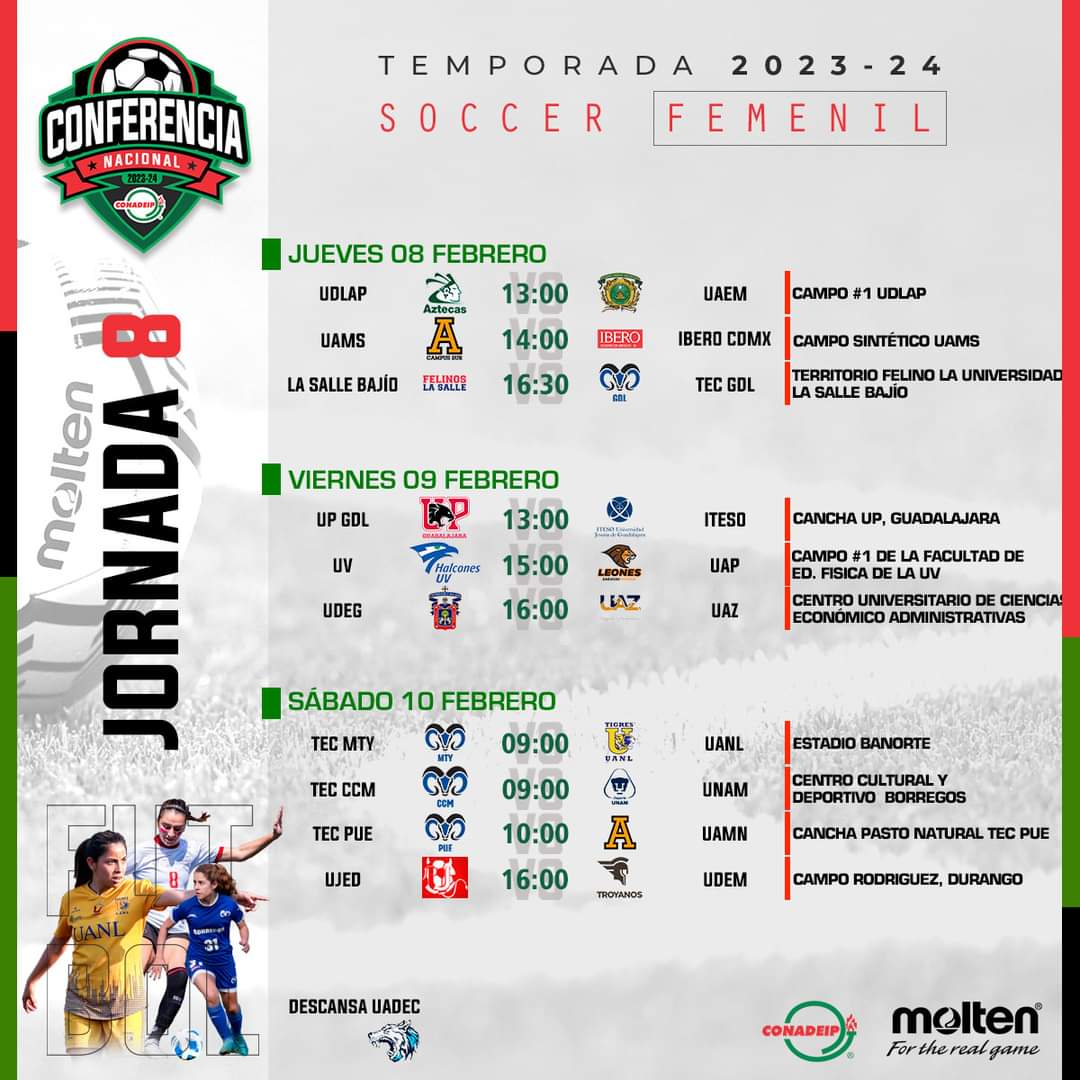 CONADEIPmx's tweet photo. ⚽ | Te presentamos los partidos de la Jornada 8️⃣ en la Conferencia Nacional de Fútbol Soccer Femenil
Temporada 2023/24.
#FutbolCONADEIP #CONADEIP https://t.co/mwkNR1YuZj