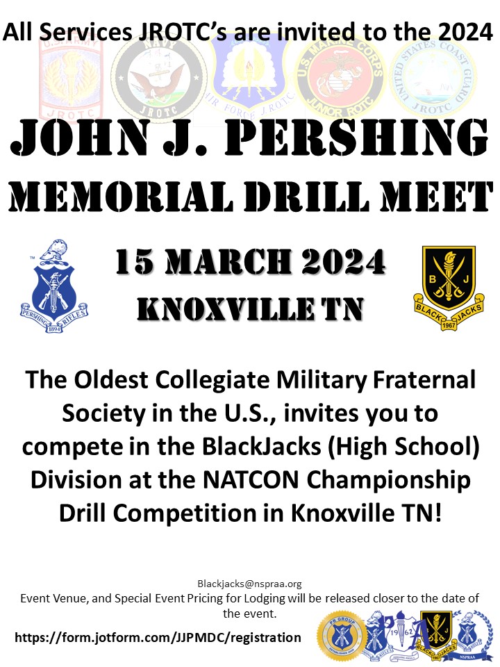NSPRAA_'s tweet image. If you have a High School in your Area that is planning on Attending the JJPMDC, BlackJacks (High School) Division, they still have time to register!
forms.office.com/Pages/Response…
#JROTC #CadetCommand #Knoxville #Drill #DrillTeam #DrillMeet #DrillCompetition