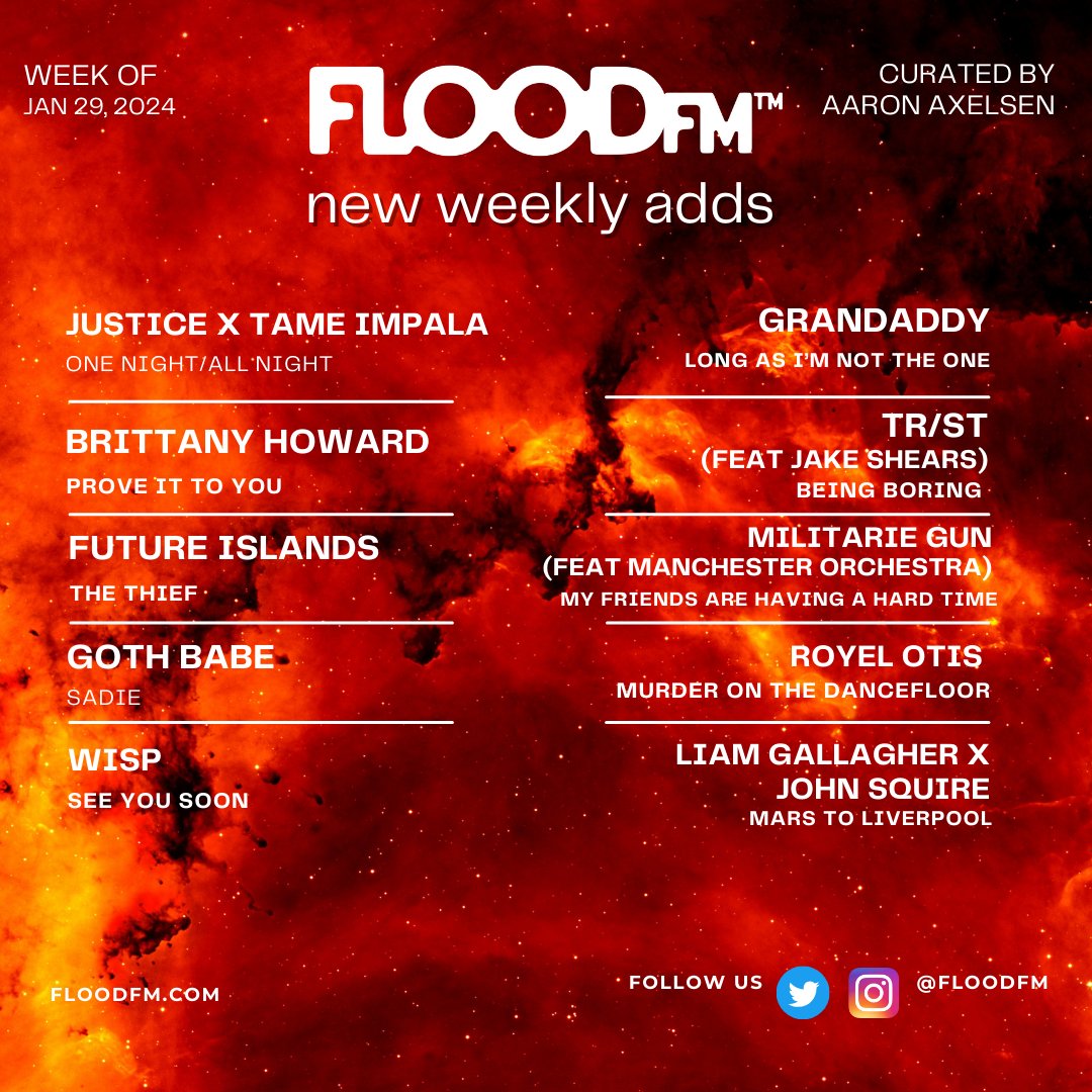 The latest new music gems added to FLOOD FM radio!

🔊 @petshopboys 
🔊 @feelmybicep 
🔊 @Grandaddy 
🔊 @cameraobscurai 
🔊 @yotclubmusic 
🔊 @futureislands 
🔊 @gothbabemusic 
🔊 @softcultband 
🔊 @shanandtheclams 
🔊 @RoyelOtis 
🔊 @ghostly_kisses 
🔊 @gglum_ 

@floodmagazine