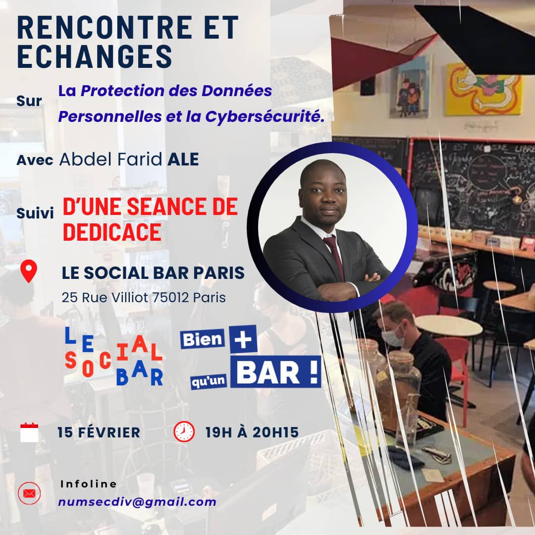 Rendez-vous le 15 février au Social Bar Paris pour parler de « #Protection des #donnéespersonnelles et #Cybersécurité » 
 #auteur #dédicace #socialbar