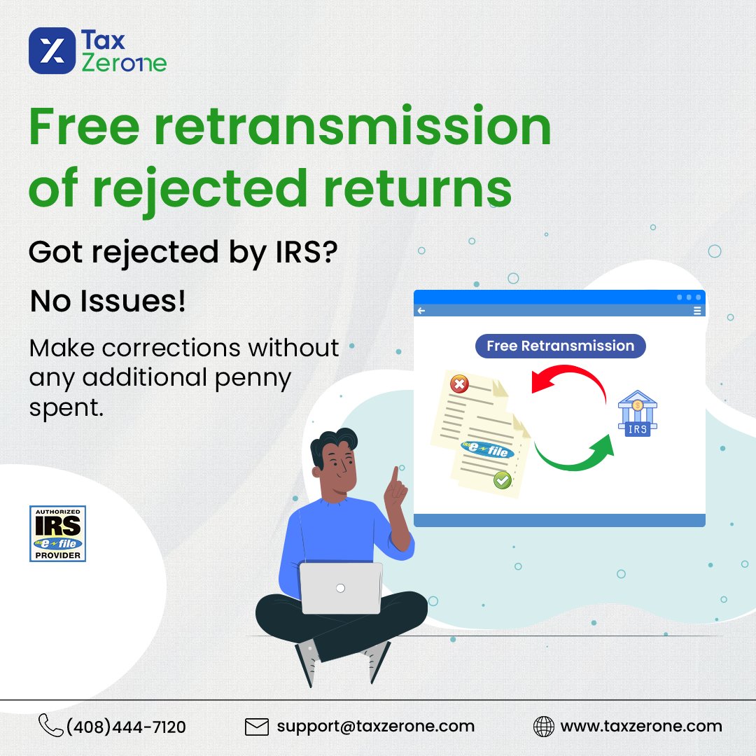 TaxZeroneUS's tweet photo. Rest assured, if the IRS happens to reject your tax return forms for any reason, you have the flexibility to make corrections and resubmit them to the IRS, at no additional cost. Your peace of mind is our priority.
#taxzerone #irstaxreturnforms #freeretransmission https://t.co/a9MyIH0Eyu
