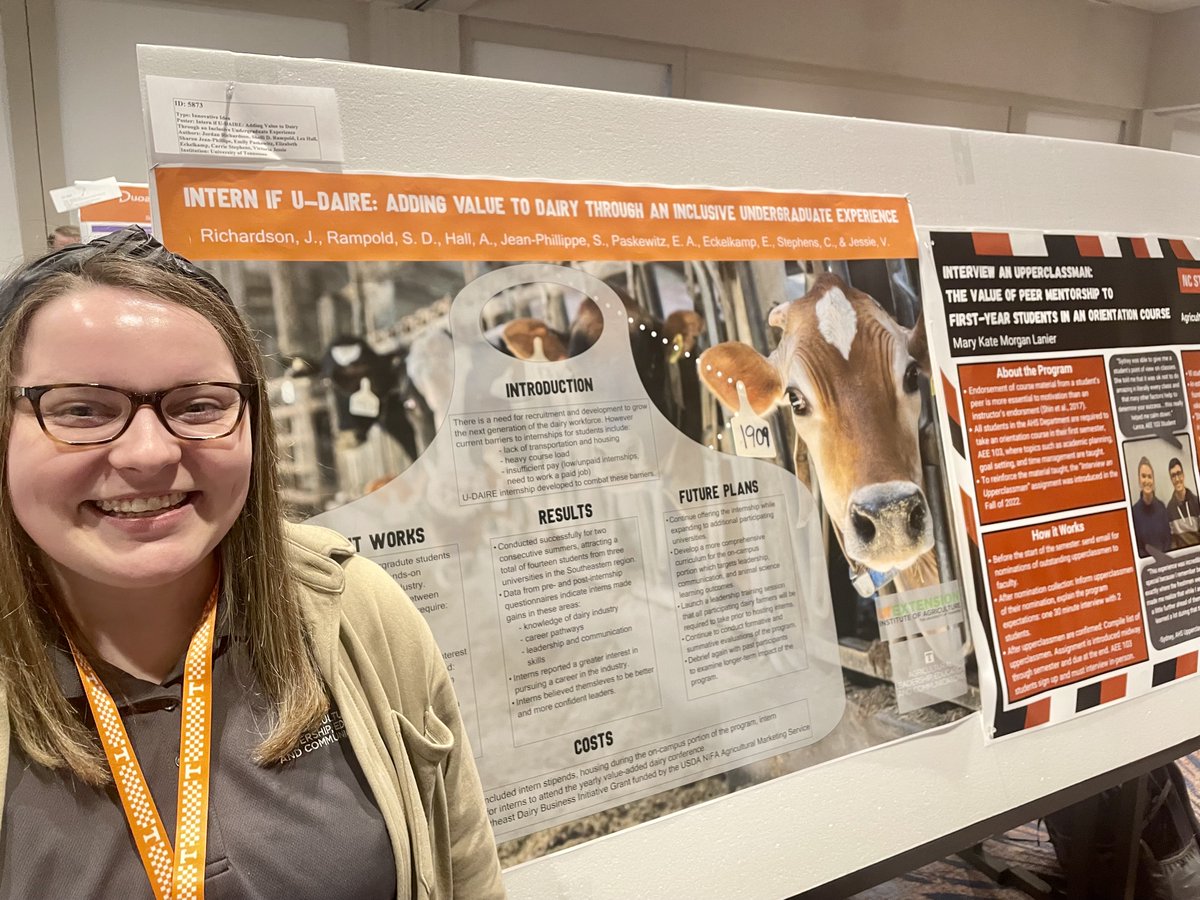 UTKALEC's tweet photo. If you're looking to engage in undergraduate research, #ALEC is a great place to do it! Congratulations to  Jordan Richardson and Kailyn Kosko for each receiving the Outstanding Poster Award at the Southern Region AAAE Conference! #GoVols #UndergraduateResearch https://t.co/am8j27sK90
