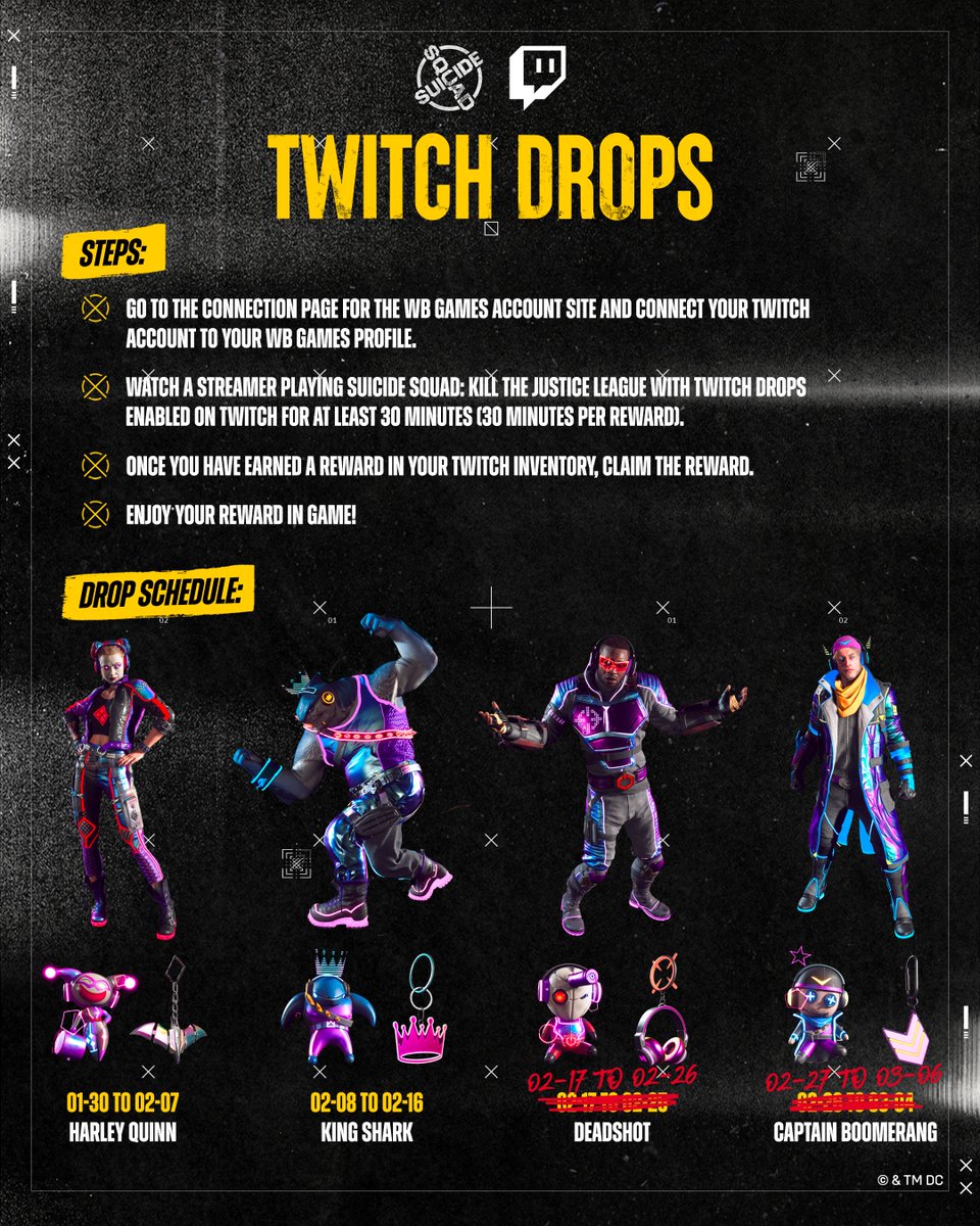 The Shark is loose! Twitch Drops for King Shark have begun plus peep the date extensions for upcoming Squad members the rest of this month! #SuicideSquadGame