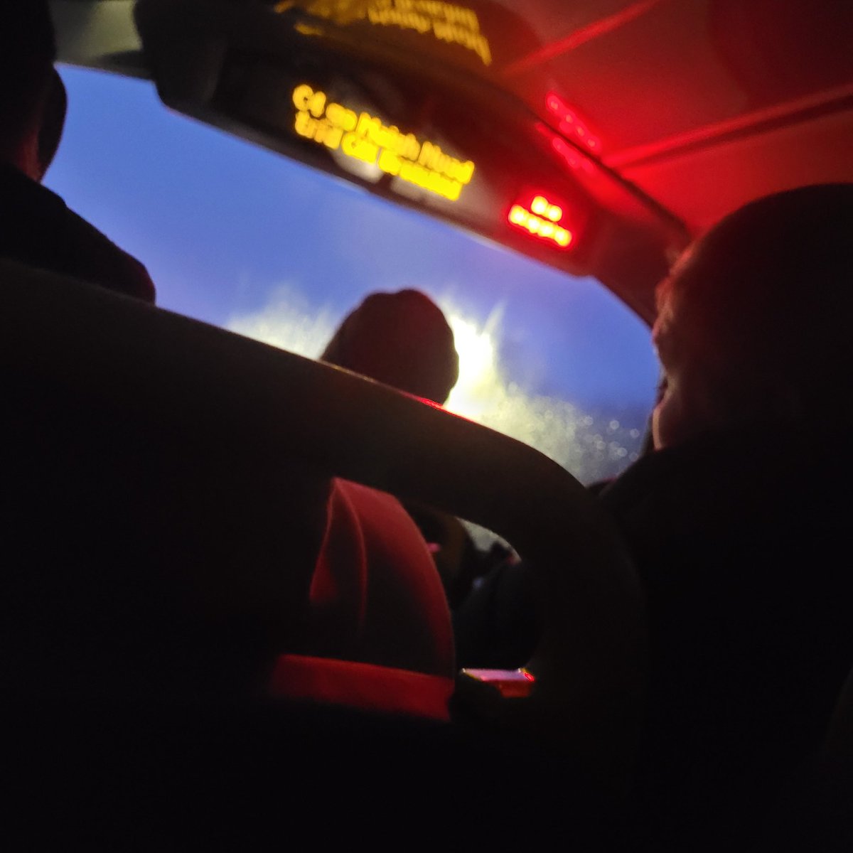 On the bus home... the upstairs lights went off. The girl beside me said to me - what's happening? I said - I expect were close to landing. 
She moved seats. Negative craic levels.