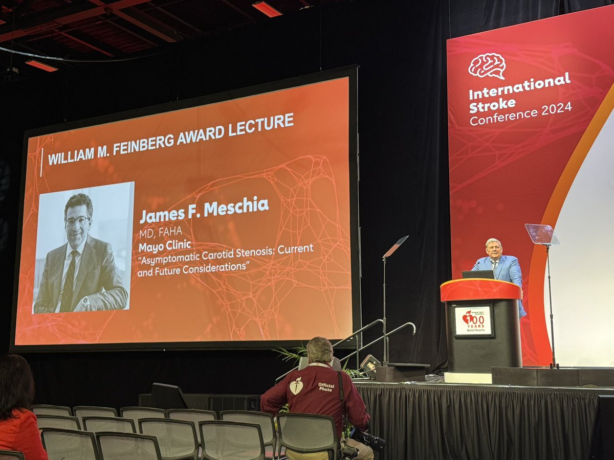 SWEnglishMD's tweet image. Happening now at #ISC24 ‼️
Dr. James Meschia, our 2024 William M. Feinberg Award Lecturer 🚨🚨
@MayoClinicNeuro @MayoFL_NeuroRes @AHAMeetings