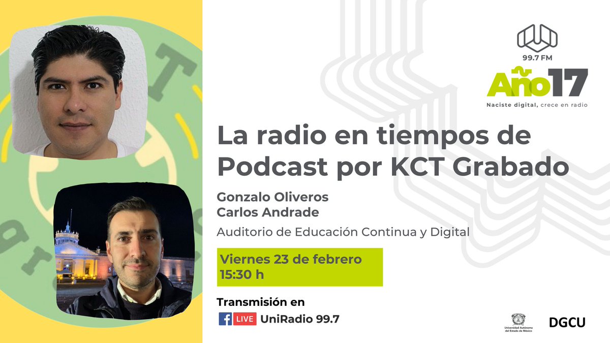 UniRadio (@uniradio997fm) on Twitter photo Las producciones sonaras continúan formando parte fundamental de la comunicación y la difusión de la cultura, no te pierdas "La radio en tiempos de podcast con <a href="/KCTgrabado/">KCT grabado</a>".
23 de febrero
15:30 h
99.7 FM
#UniRadioAño17
#NacisteDigitalCreceEnRadio
#UniRadioVaConmigo
#SomosUAEMéx Las producciones sonaras continúan formando parte fundamental de la comunicación y la difusión de la cultura, no te pierdas "La radio en tiempos de podcast con <a href="/KCTgrabado/">KCT grabado</a>".
23 de febrero
15:30 h
99.7 FM
#UniRadioAño17
#NacisteDigitalCreceEnRadio
#UniRadioVaConmigo
#SomosUAEMéx