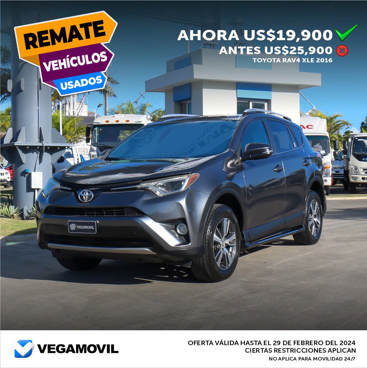 Vegamovil's tweet photo. ¡REMATE VEHÍCULOS USADOS!

Tasa fija a 5 años de 14.95% sin penalización en abonos o saldos. 

Te damos respuesta inmediata!
Cotiza ahora vía whatsapp al 809-242-8208 o a nuestro correo electrónico cotizar@vegamovil.com

NO APLICAN PARA MOVILIDAD 24/7 https://t.co/DJqVeToQEl