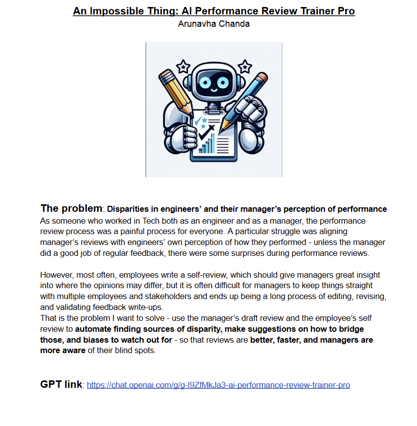 emollick's tweet photo. After teaching them how to make GPTs, I gave my MBA students the assignment of automating some aspect of their own jobs by creating a GPT.

The results were pretty fantastic, spanning finance, entertainment &amp; more. A few examples (I was given permission to share) in the images. https://t.co/sB2g7kEdrO