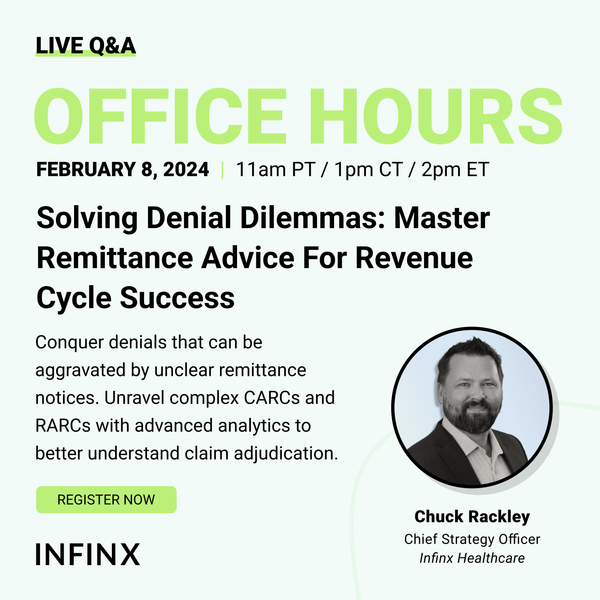 Infinxinc's tweet image. Denials can go on and on due to confusing remittance notices.

Infinx&apos;s Stuart Newsome and Charles Rackley, will show how to use CARCs &amp;amp; RARCs

Details:
Today, Feb 8, 2024, 2pm CT 
hubs.li/Q02kpw1g0 

#DenialsManagement #RCMAnalytics #RCMAI #RCMAutomation #PayerDenials