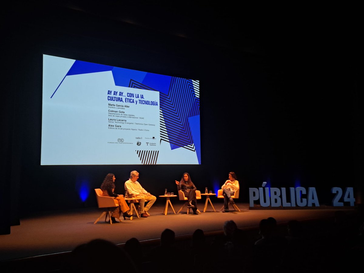 Ay, ay, ay... con la IA. La #InteligenciaArtificial está revolucionando la creación artística, pero... ¿qué desafíos éticos plantea en la cultura? Diálogo #Pública24 con @GotaColman @LauraLacarra, Alejandra Gara y @GarciaAller. En colaboración con @fundacionTef y @fundacionsgae