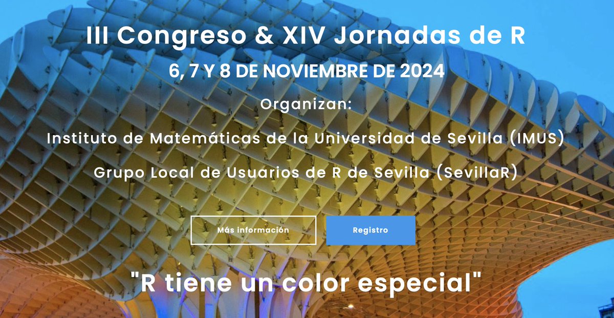 Es oficial, presentamos… ¡R tiene un color especial! El III Congreso de R y XIV Jornadas Nacionales de R se celebrarán en Sevilla el 6, 7 y 8 de noviembre de 2024 con la ayuda del Instituto de Matemáticas de la Universidad de Sevilla imus.us.es/congresos/IIIR… @imus_us @R_Hisp